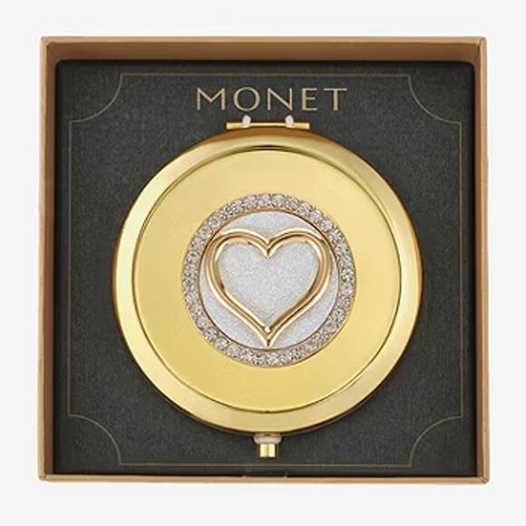 MONET Compact Mirror Gold Tone Heart New in Box - Picture 1 of 5